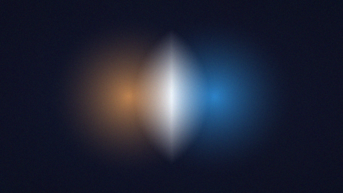 Abstract art of two glowing orbs — warm amber and cool blue — meeting in a luminous white intersection against a deep midnight background. Representing the design engineer who holds both worlds.